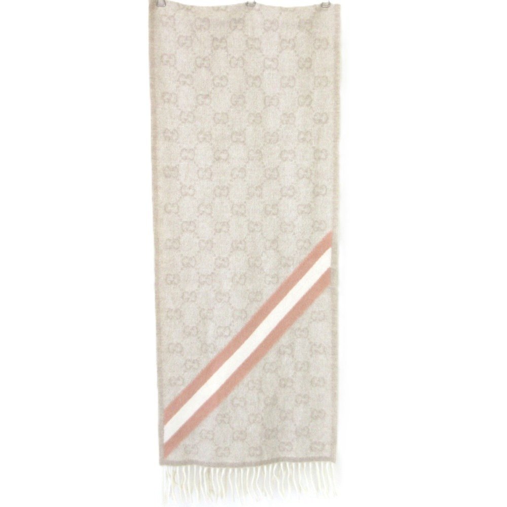GUCCI Gucci Sherry Line GG Pattern Wool Fringe Scarf Beige Men's Women's - Picture 2 of 6